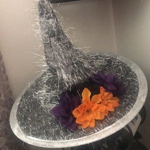 Witch Hat Silver Black with Flowers
